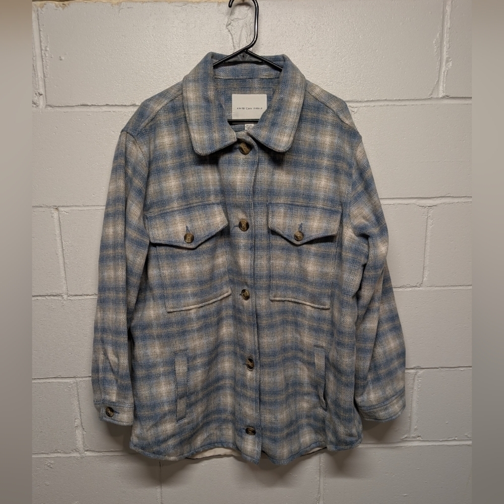 American Eagle Baby Blue Plaid Button Shacket Jacket Women's XL